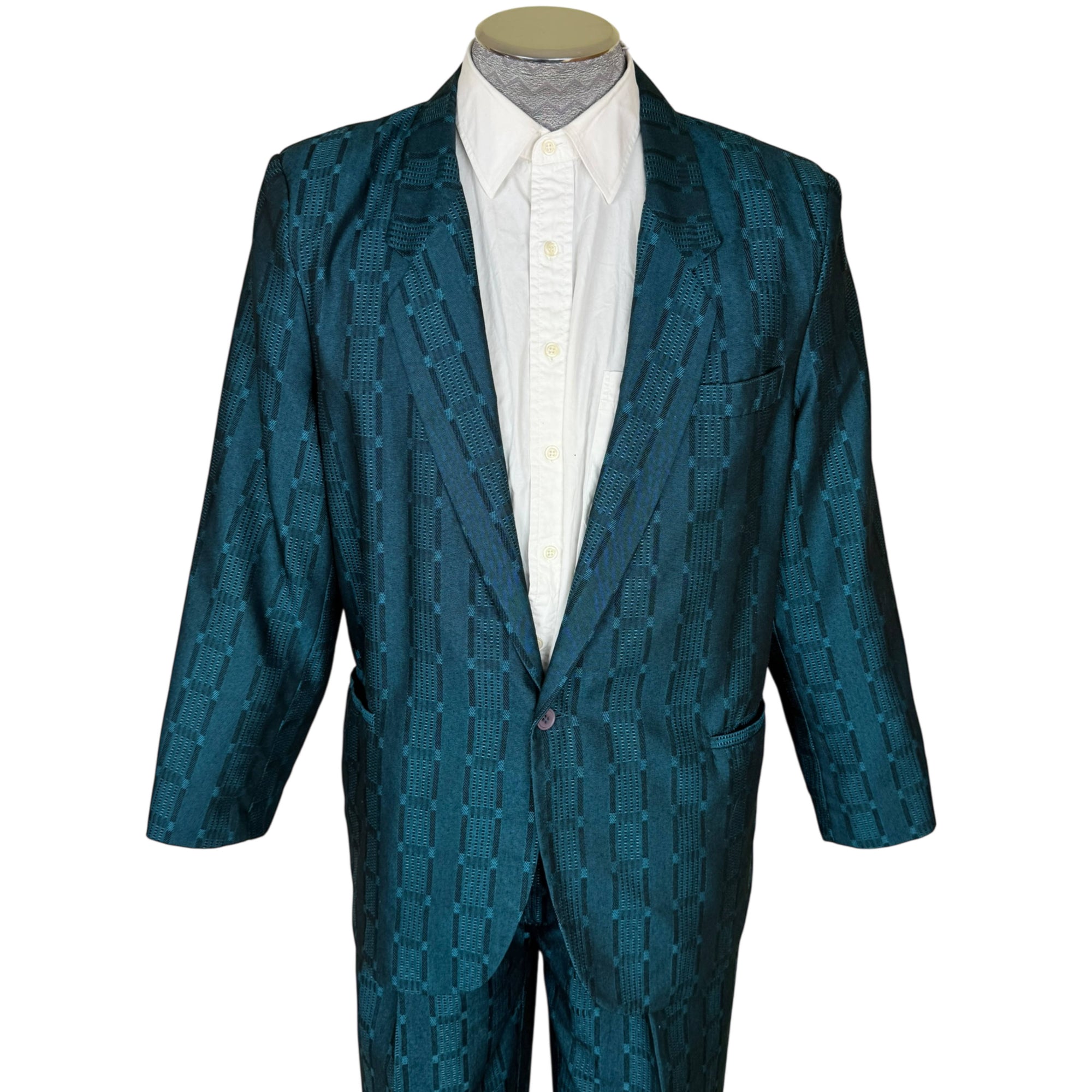Vintage 1980s New Wave Suit Shiny Teal Jacquard Size M 33" Waist
