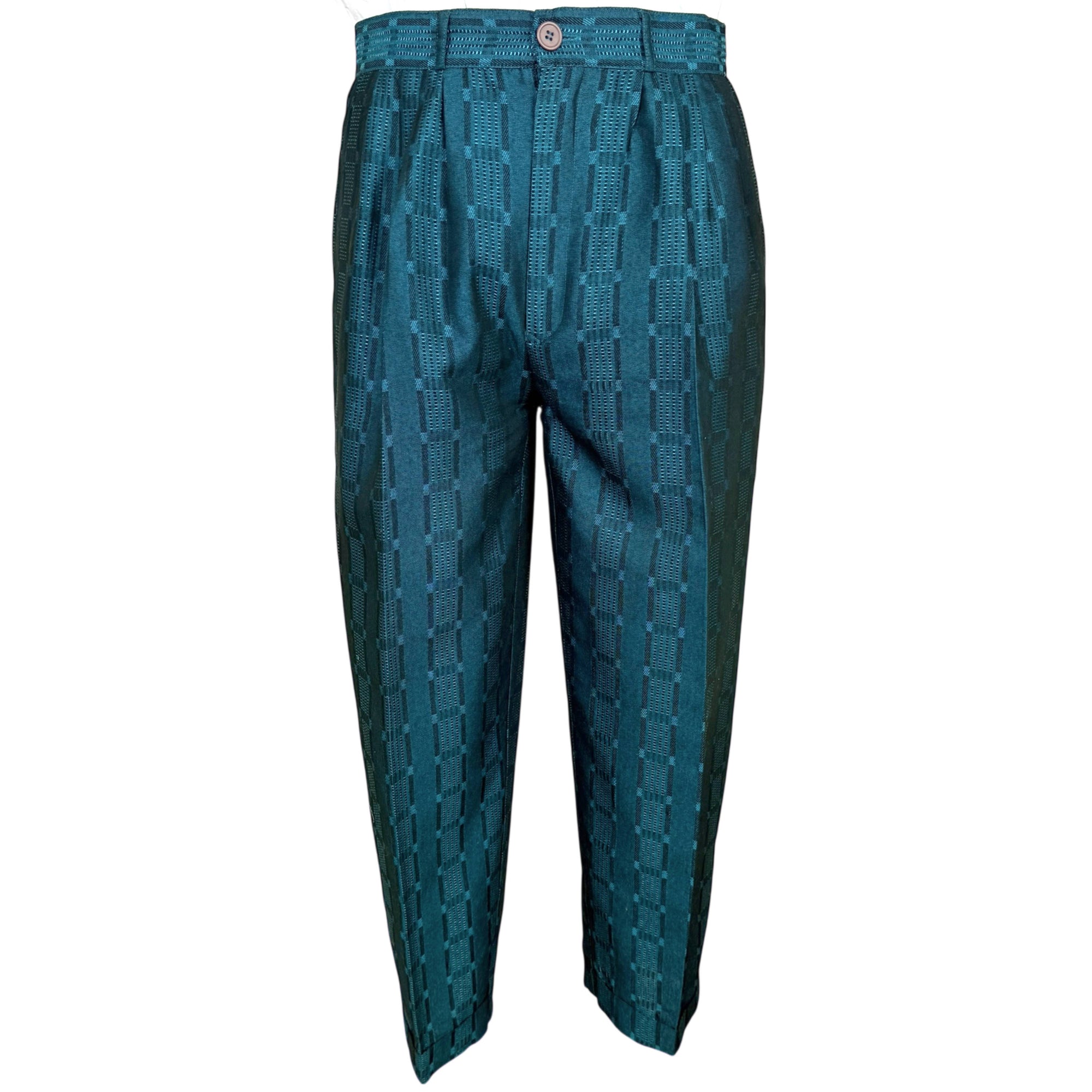 Vintage 1980s New Wave Suit Shiny Teal Jacquard Size M 33" Waist