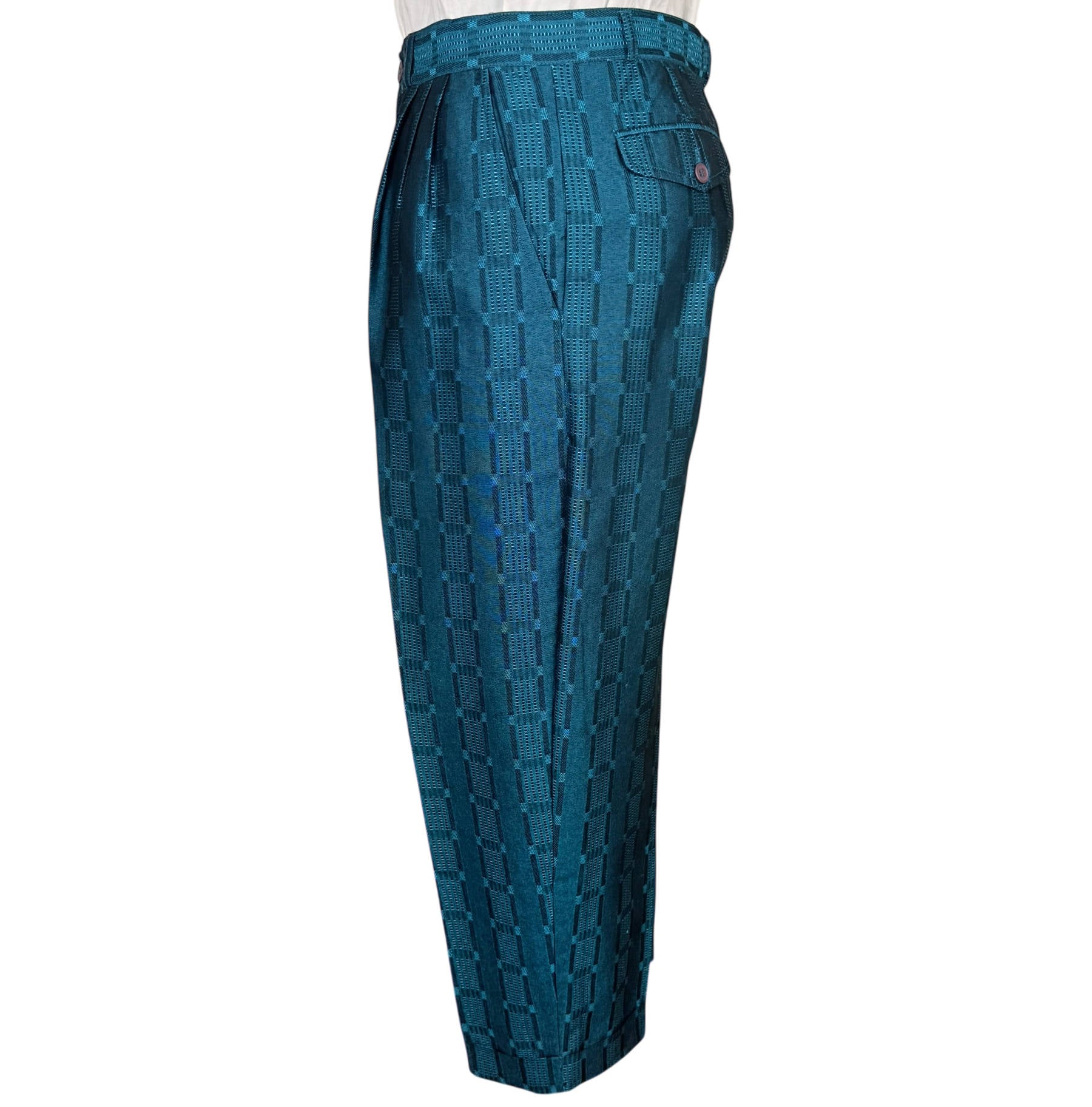 Vintage 1980s New Wave Suit Shiny Teal Jacquard Size M 33" Waist