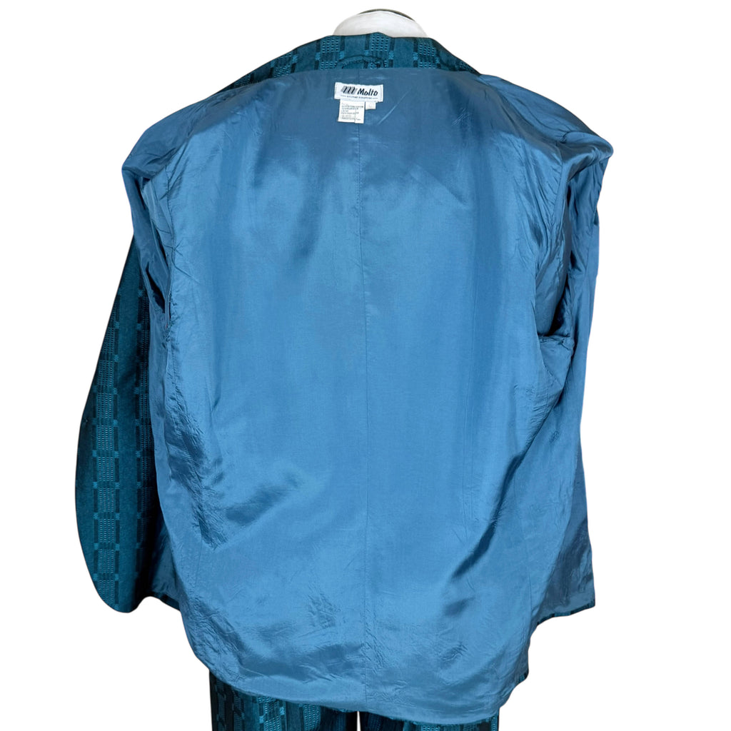 Vintage 1980er New Wave Anzug Glänzender Türkiser Jacquard 32" Taille