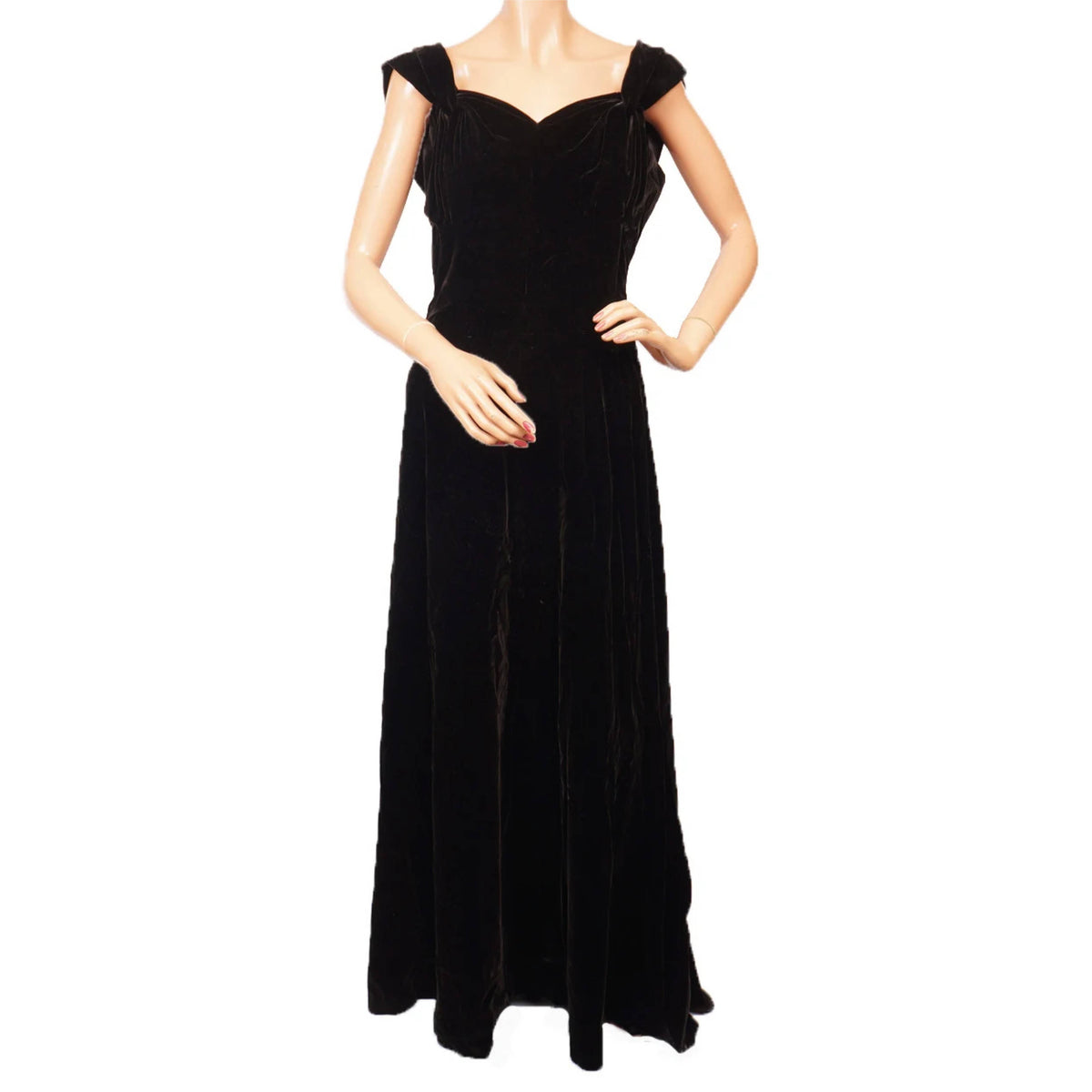 front view of Vintage 1930s Molyneux Black Velvet Evening Gown 