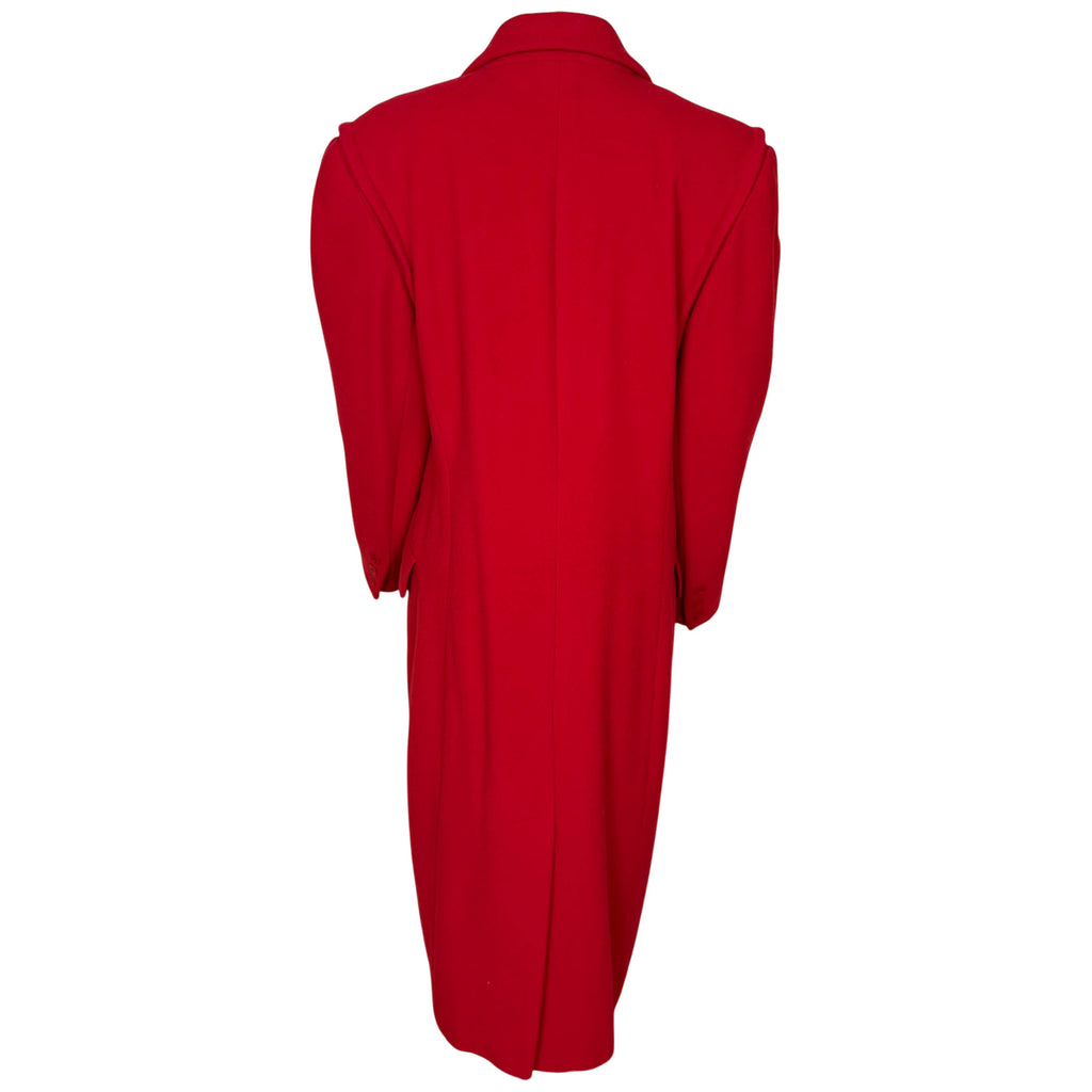 Rear view of vintage Mondi red long coat showing structured shoulders, centre back seam and long hem vent.