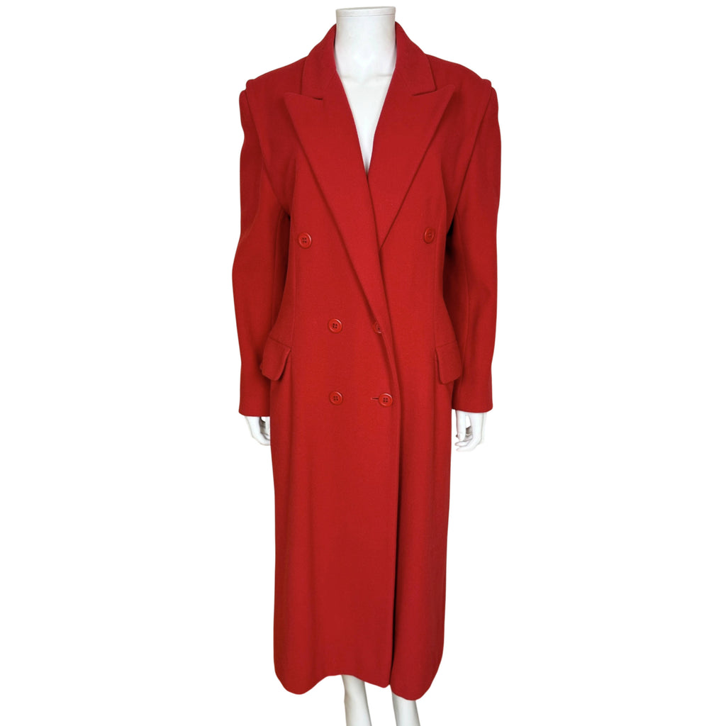 Vintage Mondi red double-breasted long coat front view showing wide lapels and structured shoulders