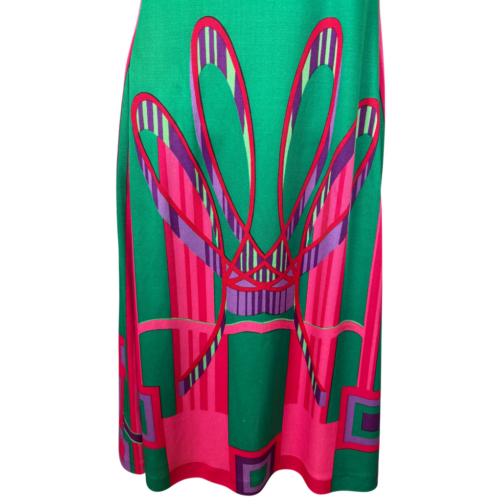 Close-up of psychedelic Op Art skirt design with intersecting loops and geometric shapes in green, pink and purple
