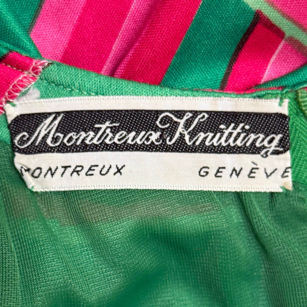 Original Montreux Knitting label reading Montreux Genève sewn inside vintage Swiss dress