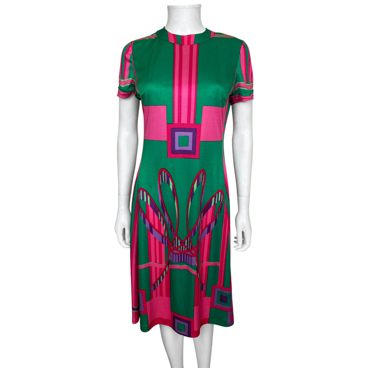 Vintage Montreux Knitting Swiss Op Art jersey dress in emerald green, hot pink and purple, front view on mannequin