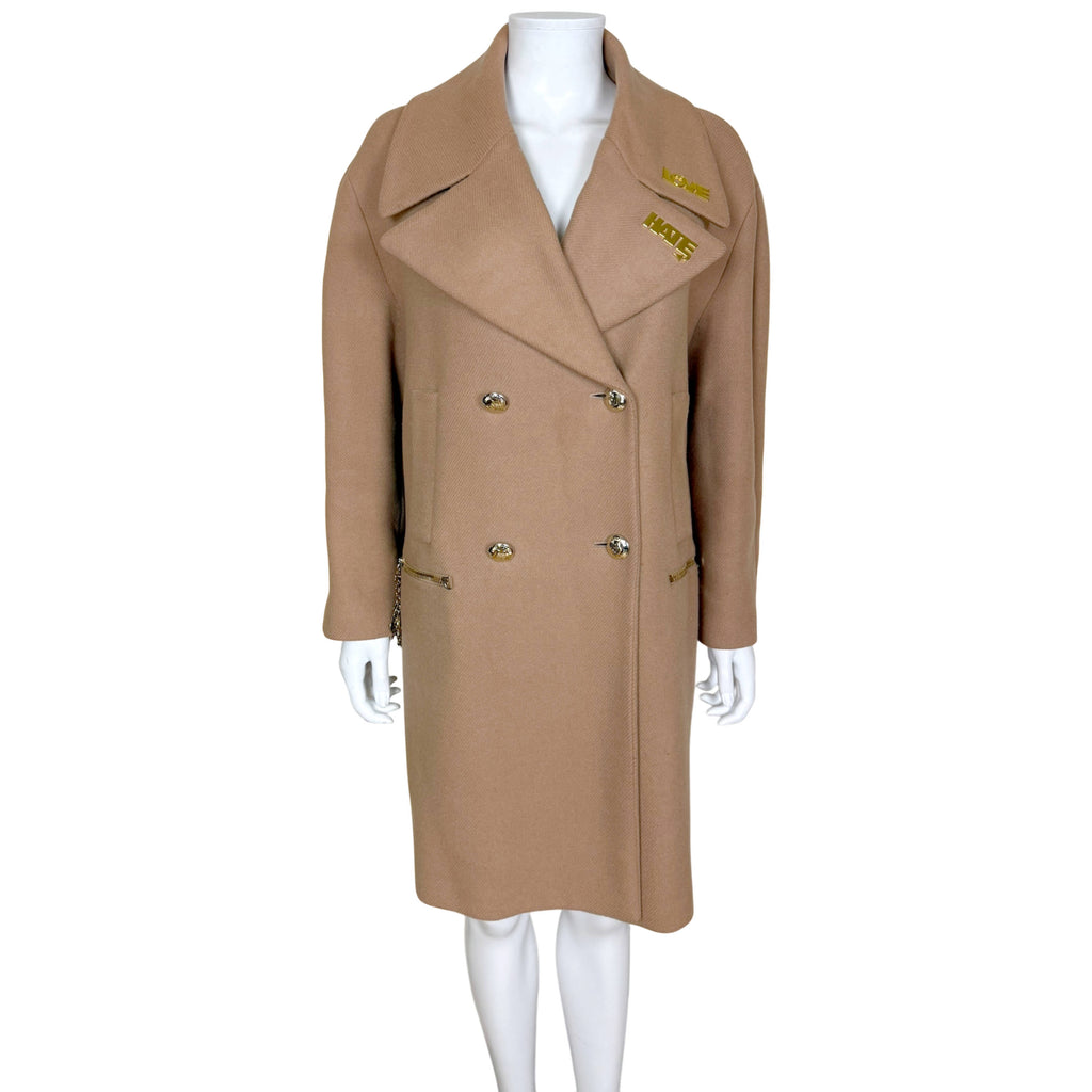Love Moschino camel wool blend coat with LOVE HATE gold-tone lapel appliqués