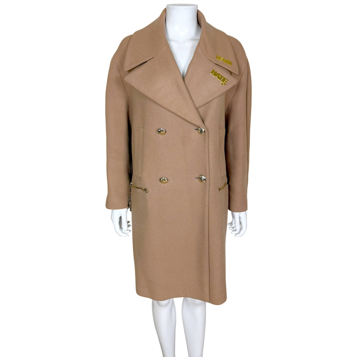 Love Moschino camel wool blend coat with LOVE HATE gold-tone lapel appliqués