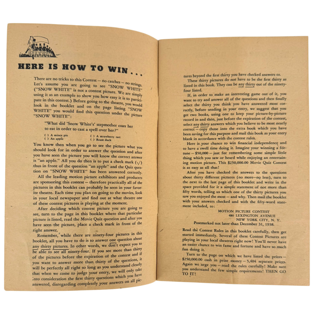 1938 Movie Quiz Contest booklet instructions