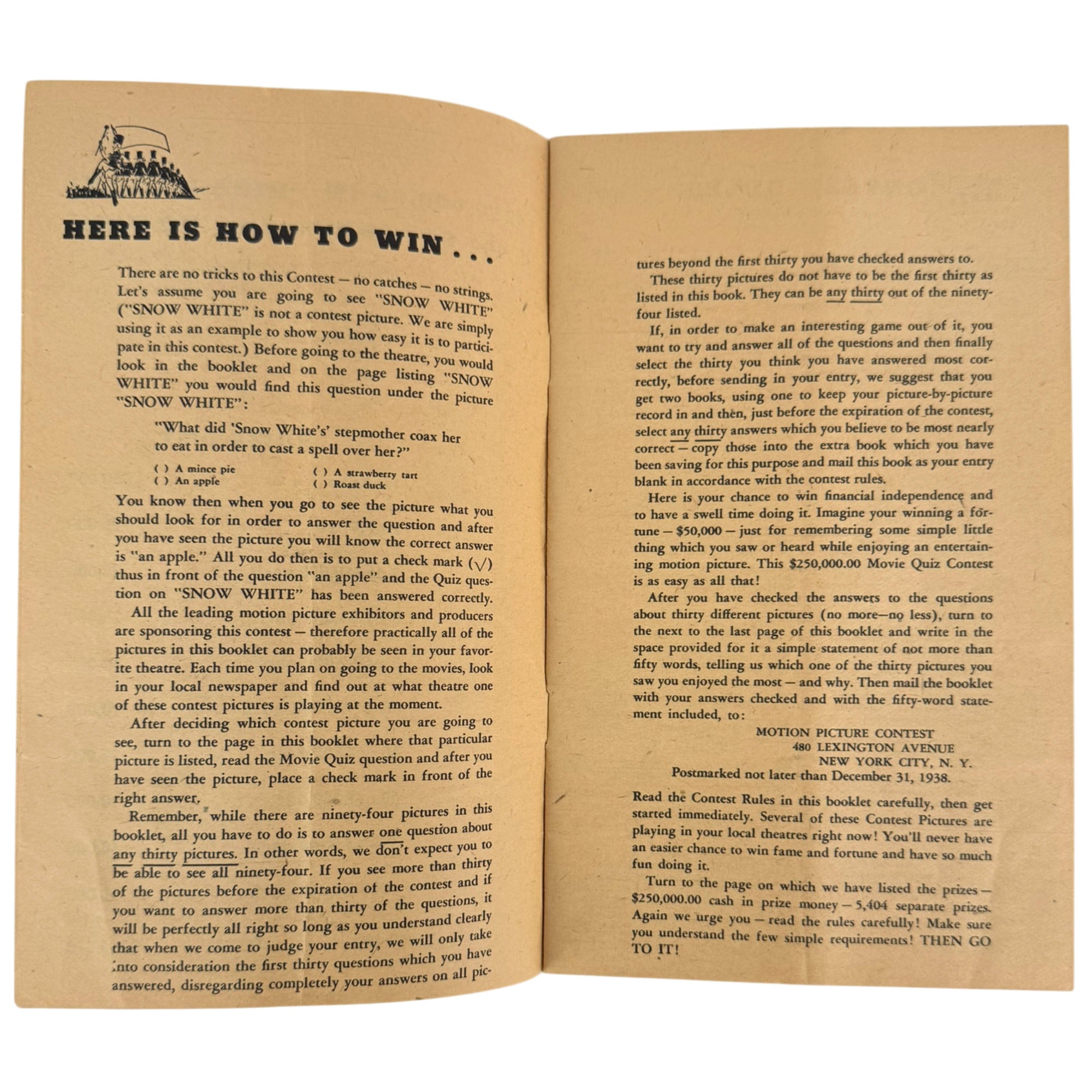 1938 Movie Quiz Contest booklet instructions