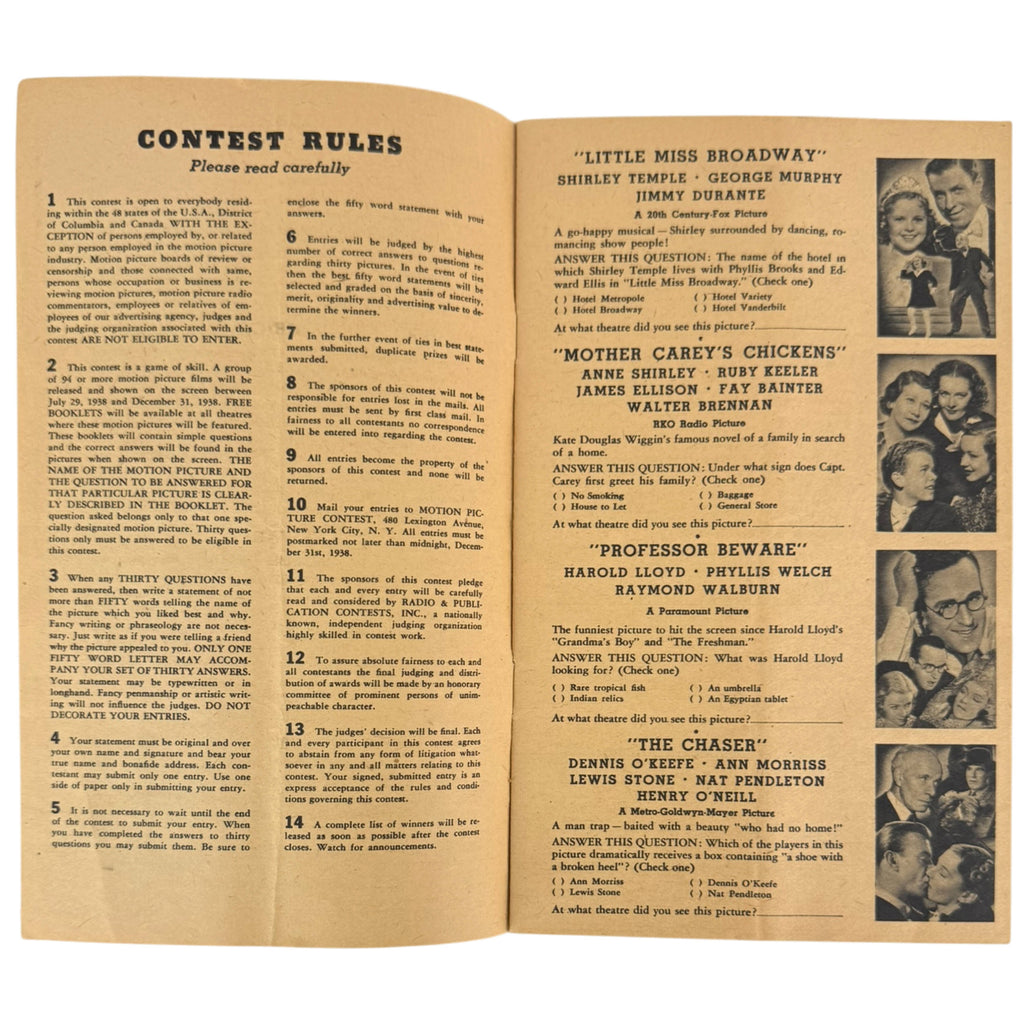 An open vintage paper booklet or quiz book showing printed contest rules and multiple-choice questions, with small black-and-white photos of movies from 1938 and questions
