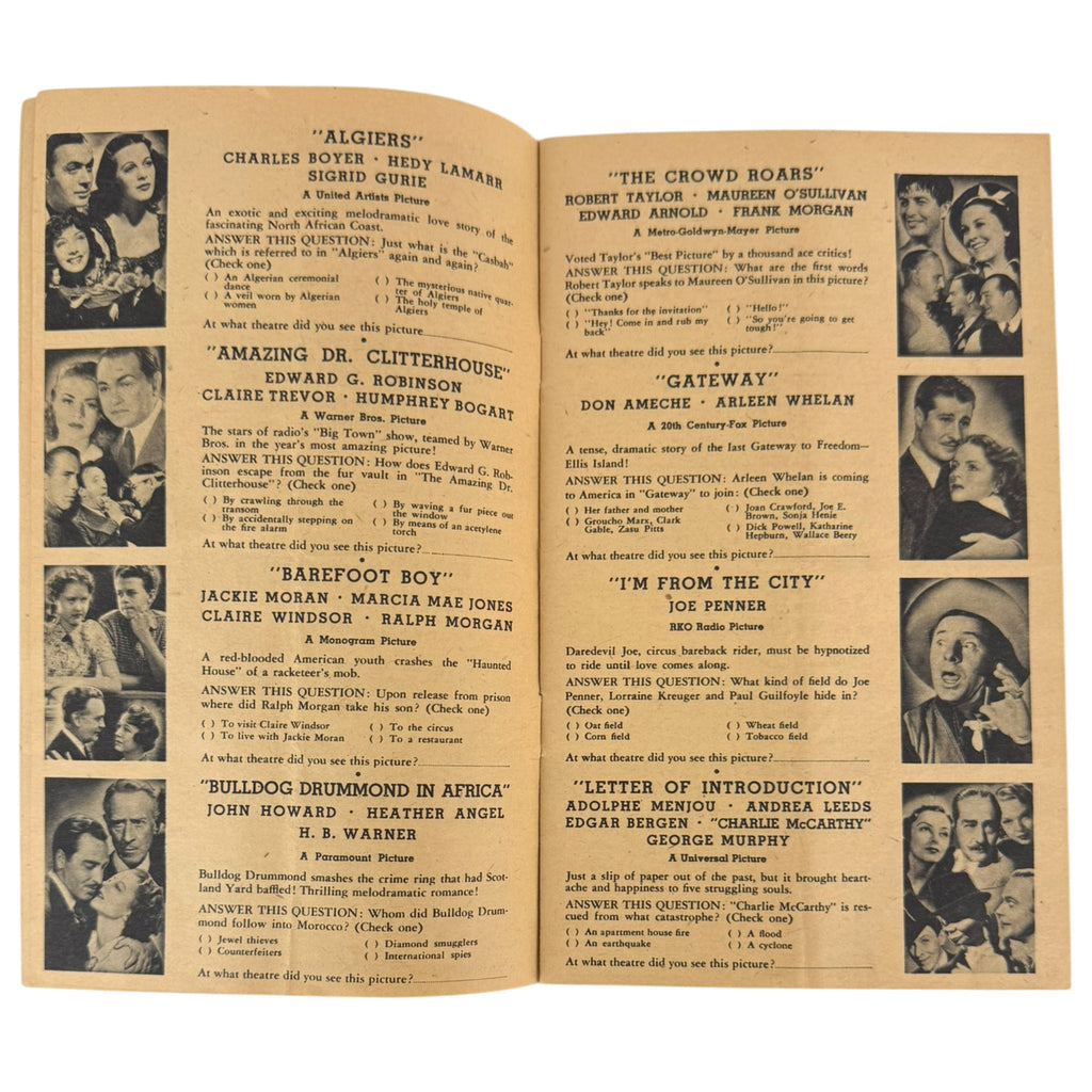various movies from 1938 with questions part of a contest booklet