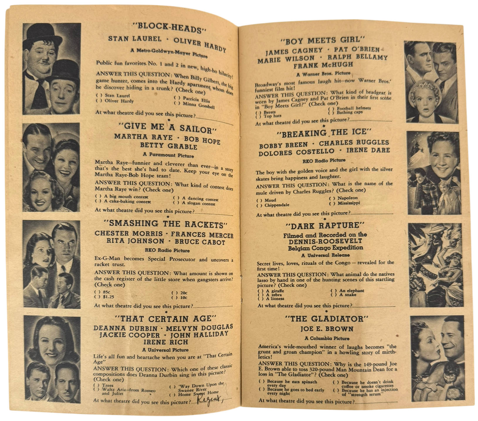 Interior pages of 1938 Movie Quiz Contest booklet
