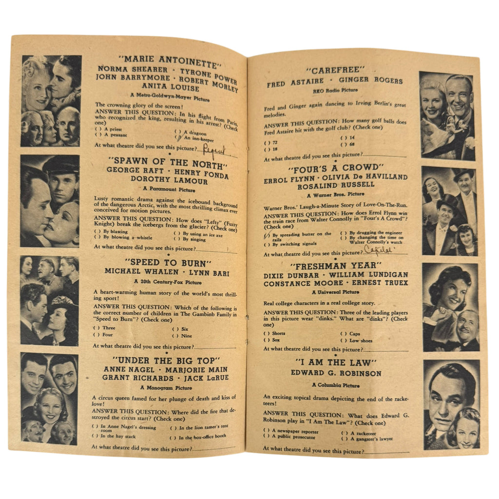 various movies from 1938 part of a film contest booklet