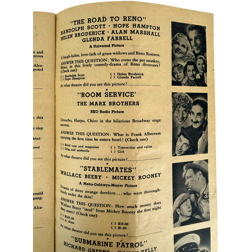 Vintage movie quiz booklet featuring black-and-white film stills and printed text about classic films including 'The Road to Reno,' 'Room Service featuring the Marx Brothers,' 'Stablemates,' and 'Submarine Patrol.'.