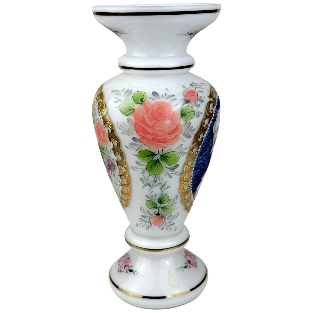 side of vintage Czech glass vase with hand-painted floral decoration
