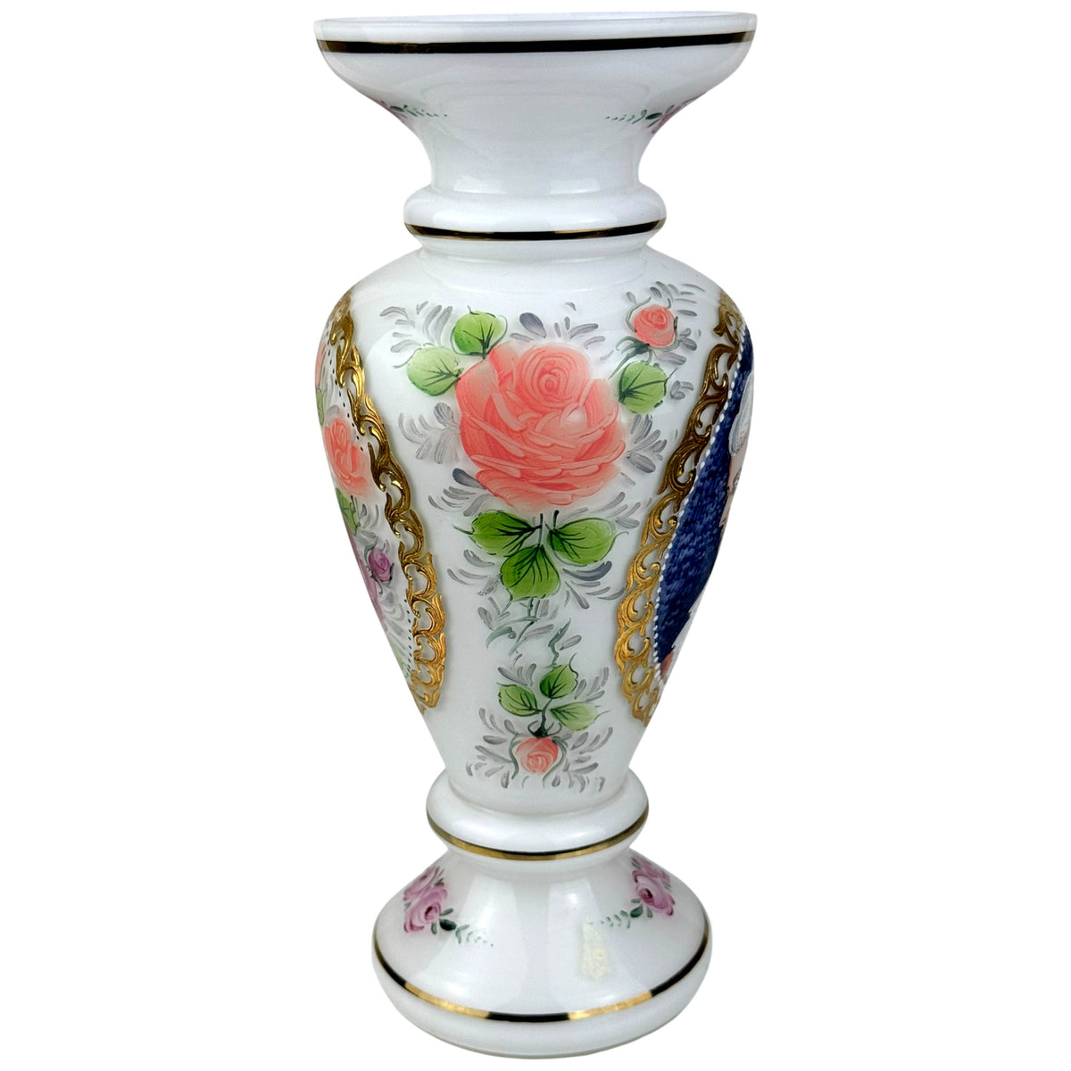 side of vintage Czech glass vase with hand-painted floral decoration