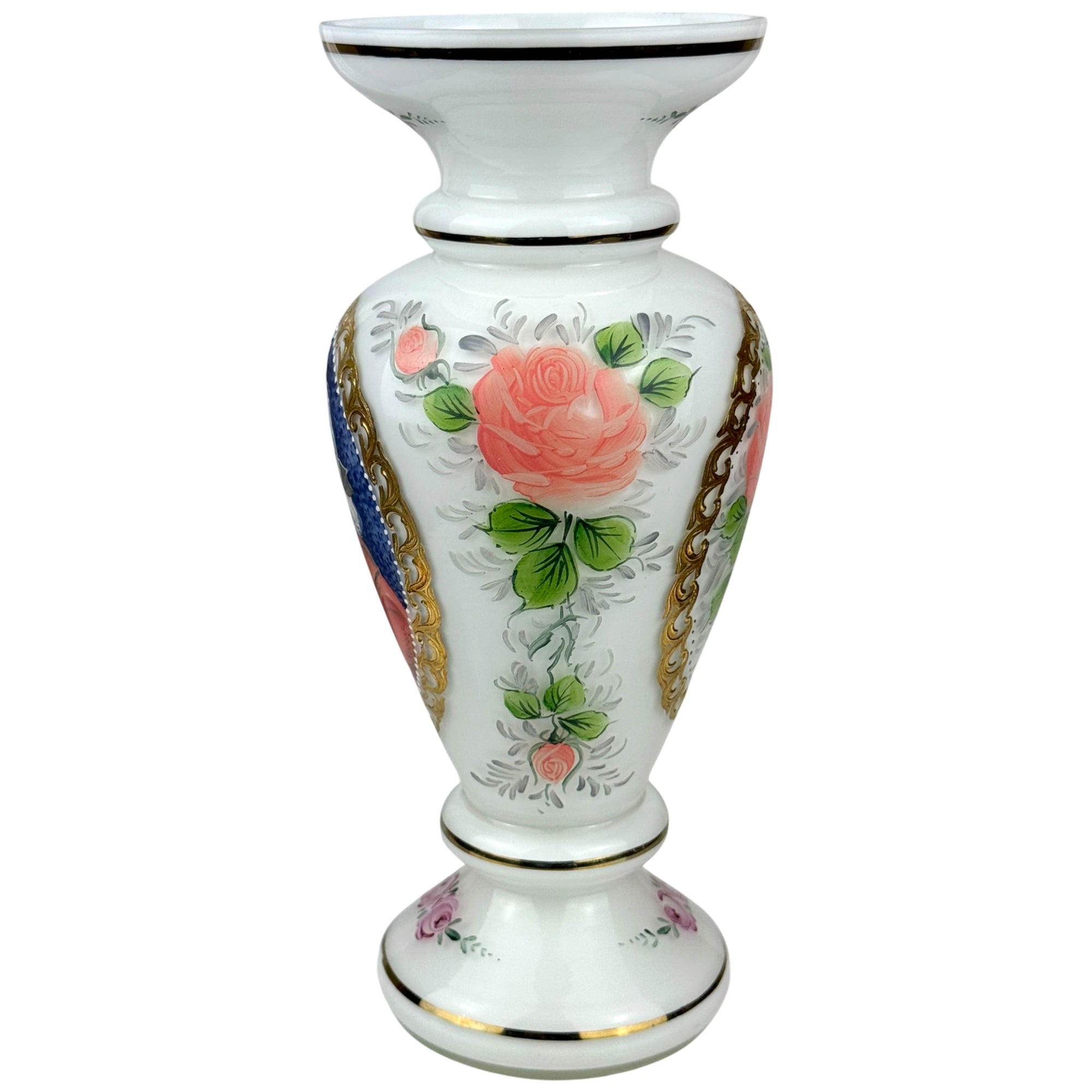 Vintage Czech glass vase with hand-painted floral decoration