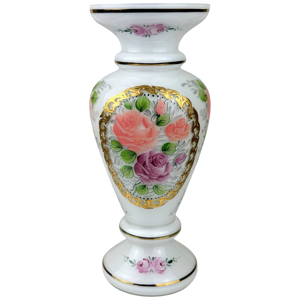 Bohemian cased glass vase with hand-painted roses and gilt decoration