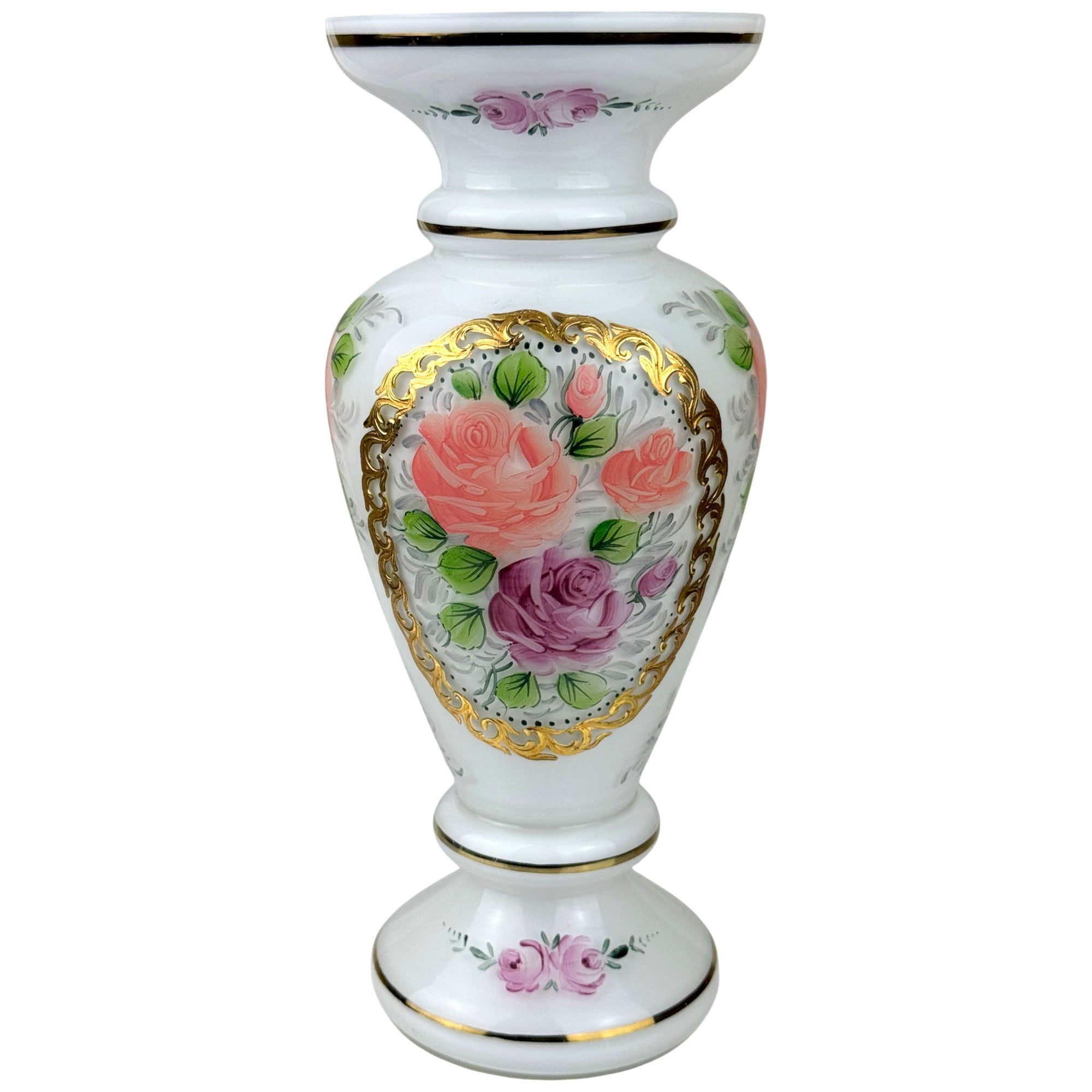 Bohemian cased glass vase with hand-painted roses and gilt decoration