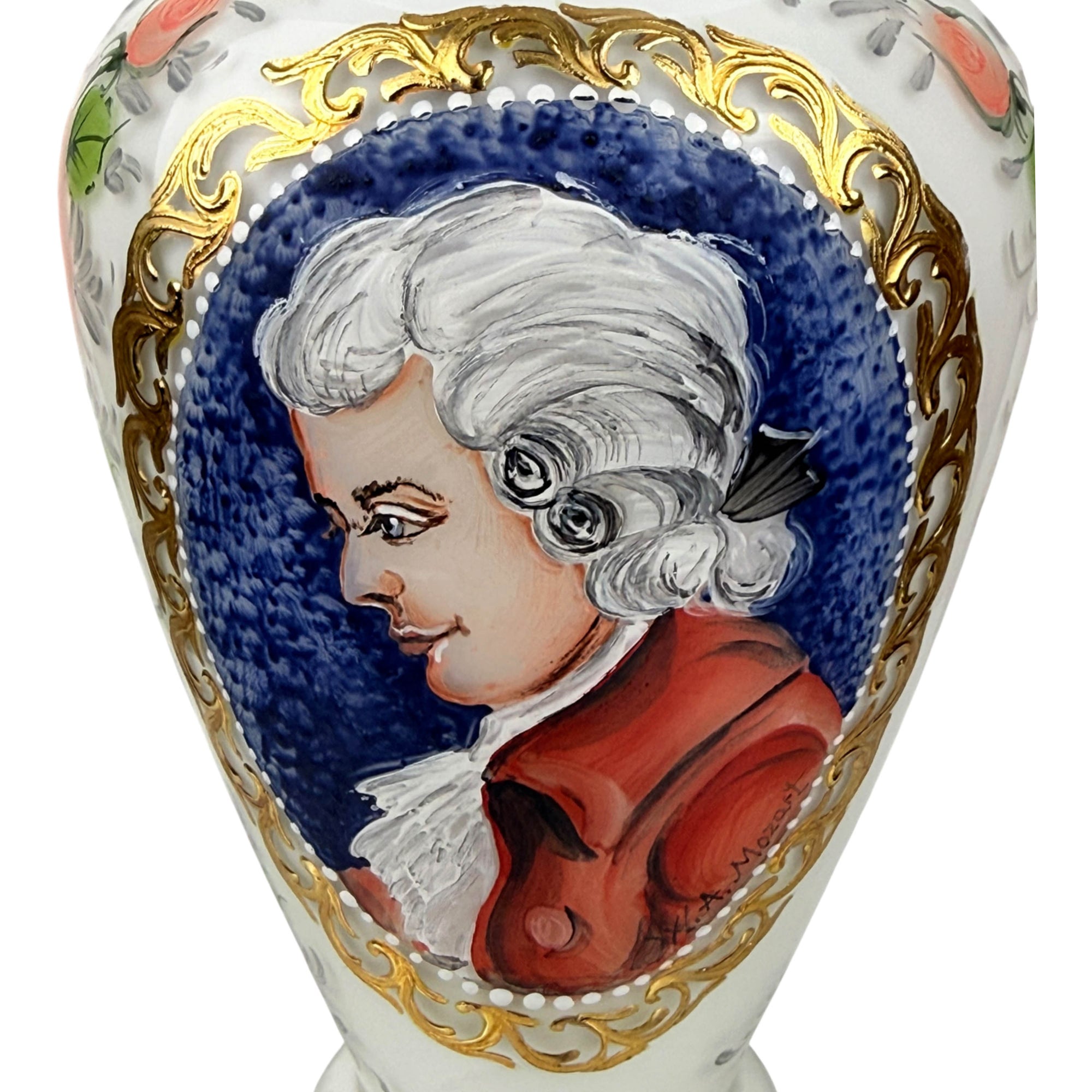 Hand-painted Mozart portrait on Bohemian glass vase