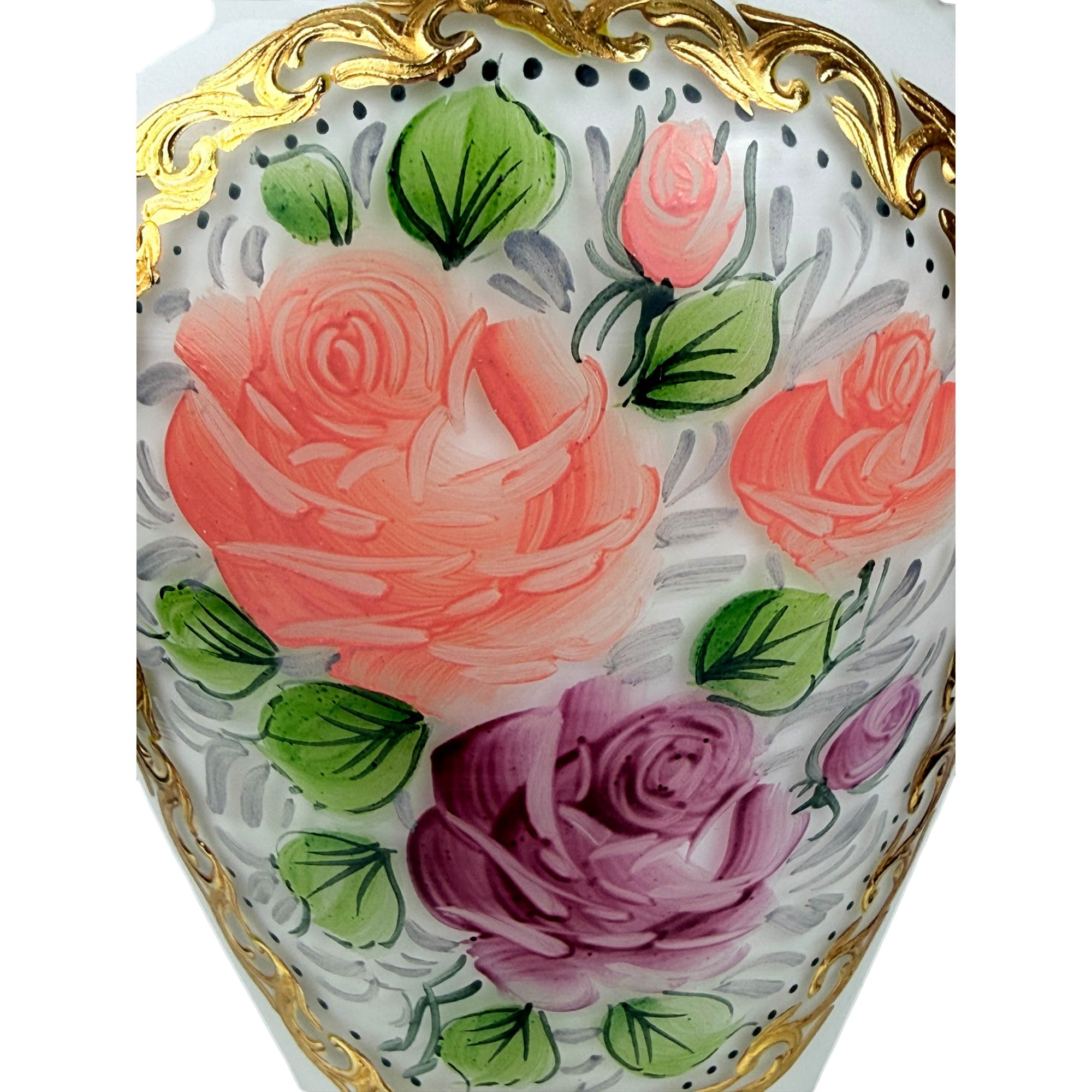 Hand-painted pink and purple roses with raised gilding
