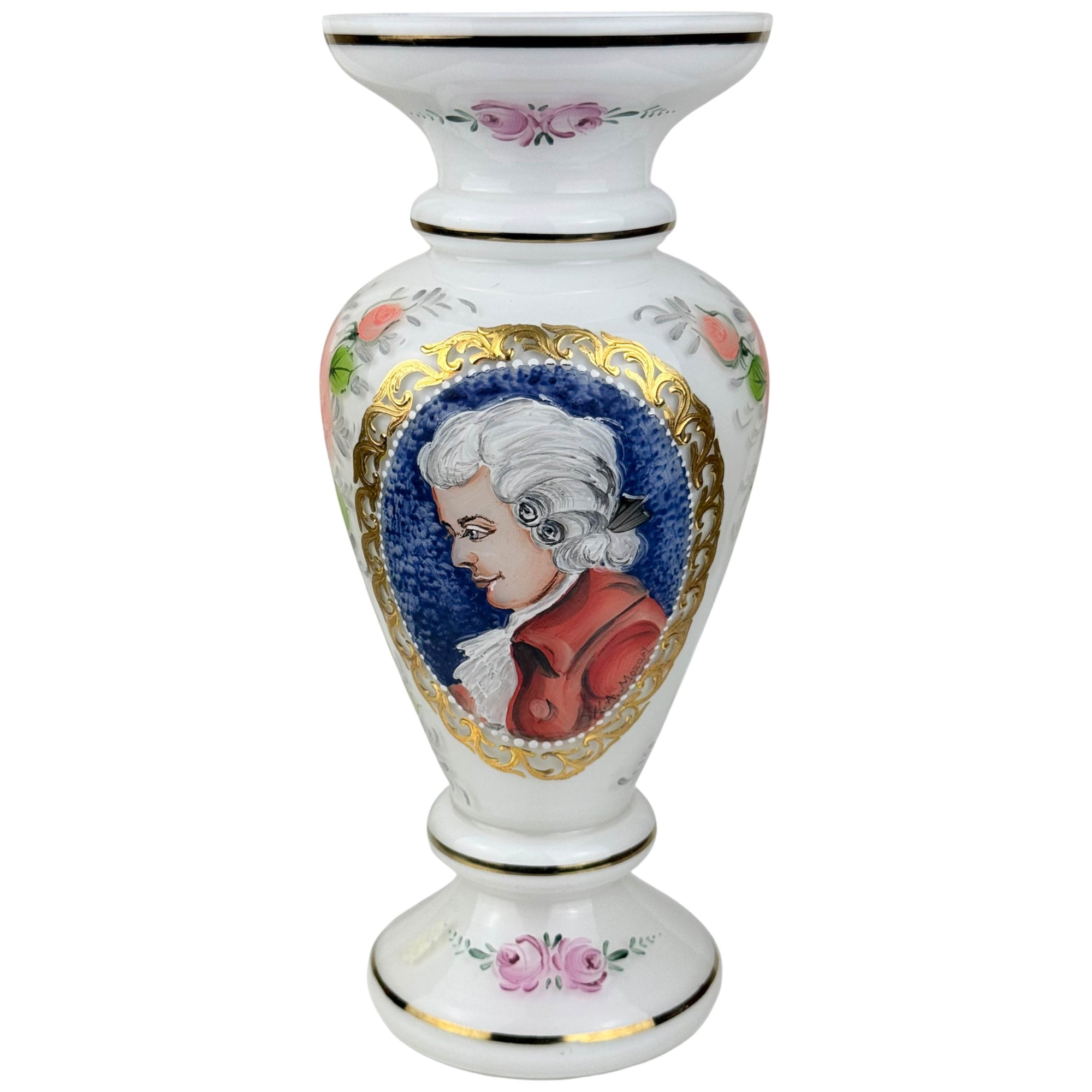 Vintage Bohemian glass vase with hand-painted Mozart portrait