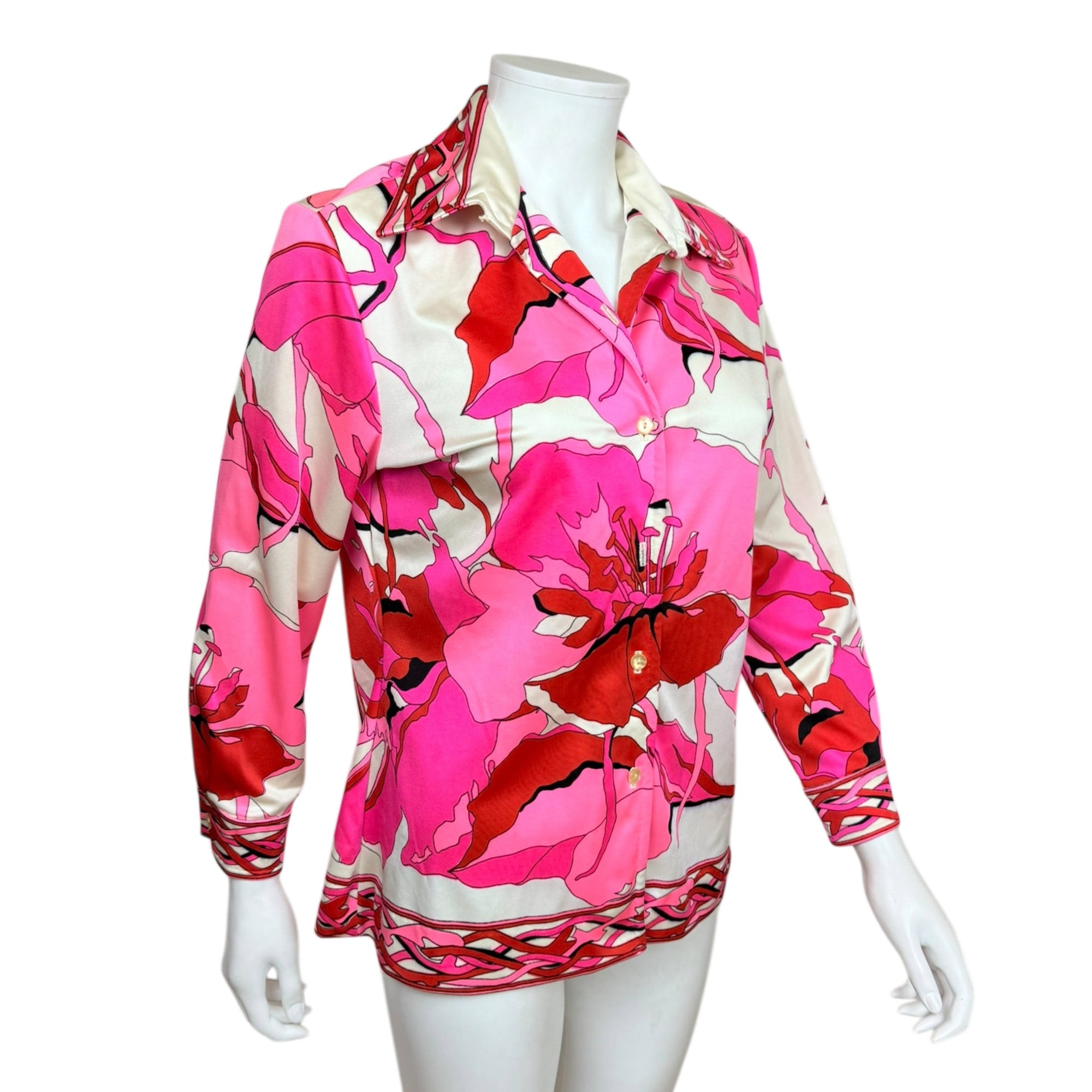 Vintage 1960s Mr Dino Blouse Graphic Floral Nylon Jersey Size L
