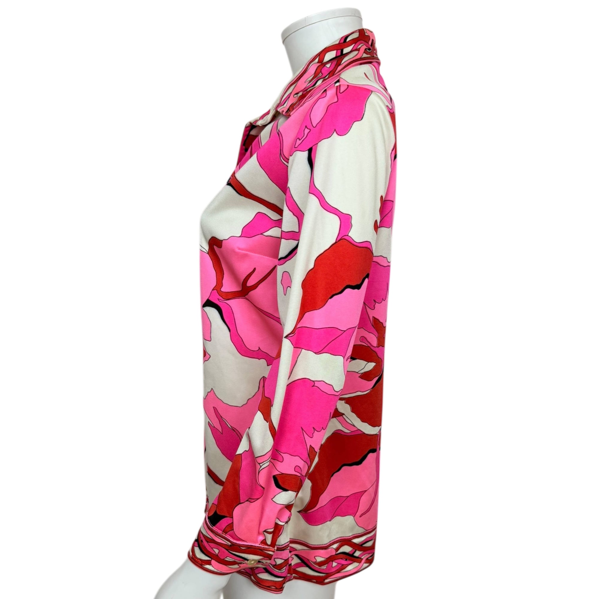 Vintage 1960s Mr Dino Blouse Graphic Floral Nylon Jersey Size L