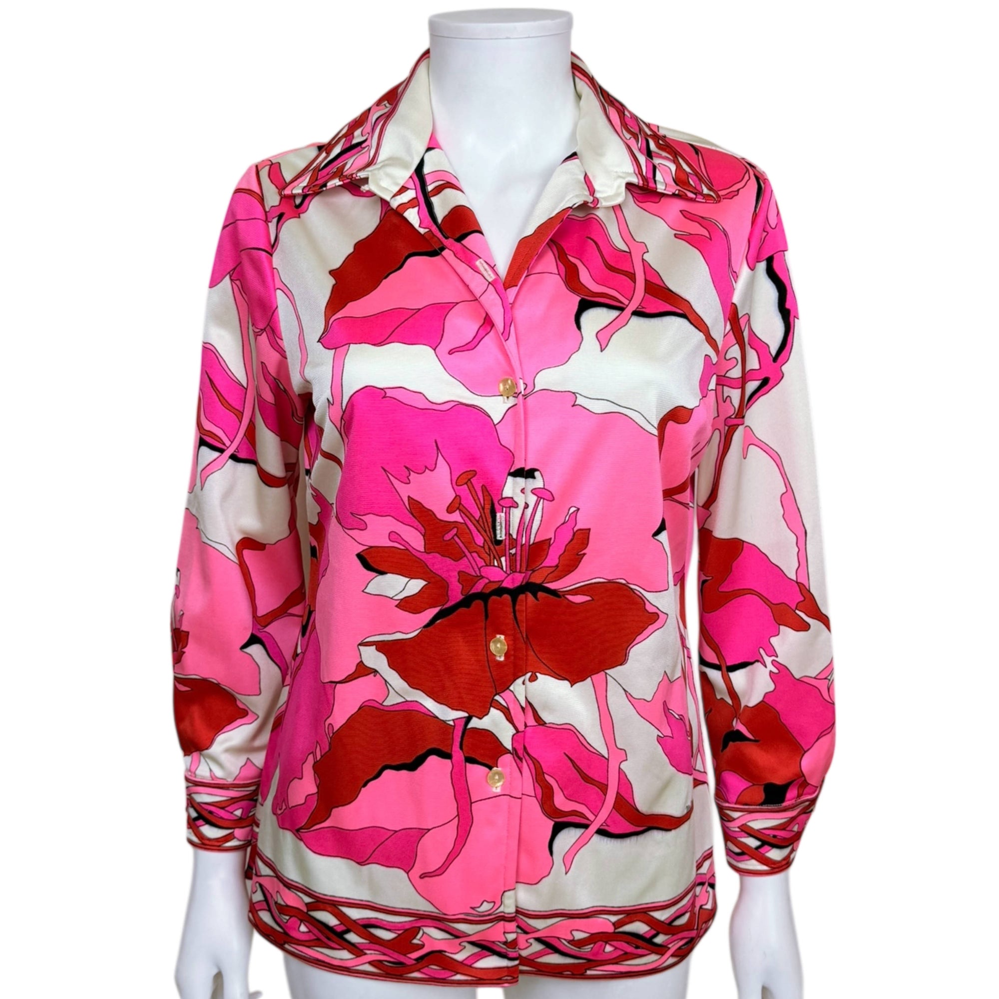 Vintage 1960s Mr Dino Blouse Graphic Floral Nylon Jersey Size L