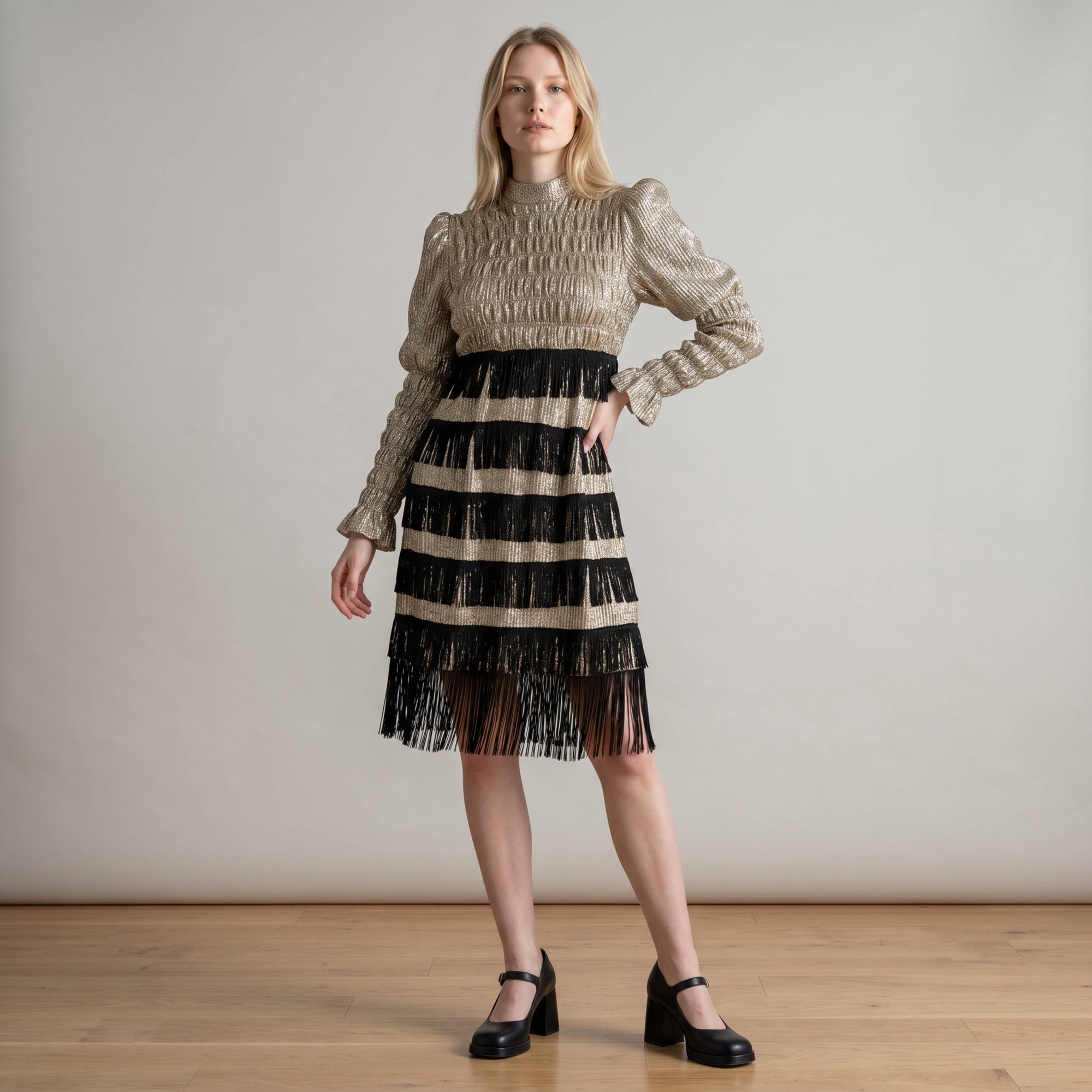 Front view of 1960s Mr. Earle metallic fringe dress worn by AI Model