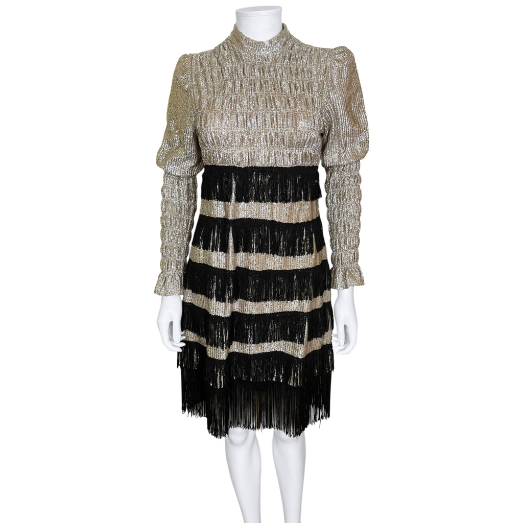 Vintage 1960s Metallic Dress with Fringe Dolly Rocker Mod Glam Size M