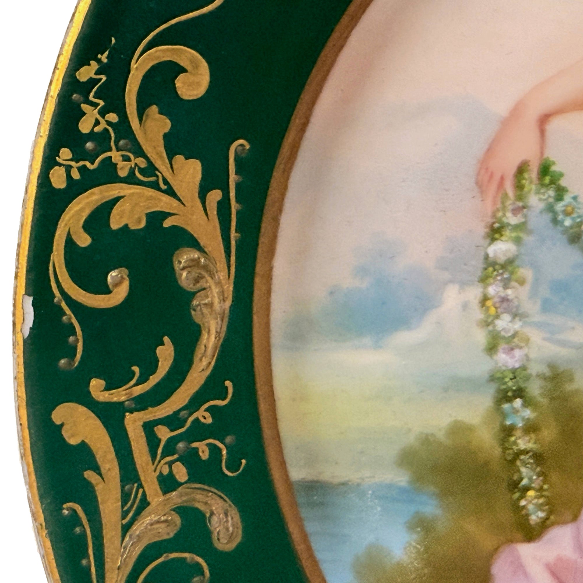 Antike Royal Vienna Porzellanplatte handbemalt, Muse mit Amor, Bienenkorbmarke