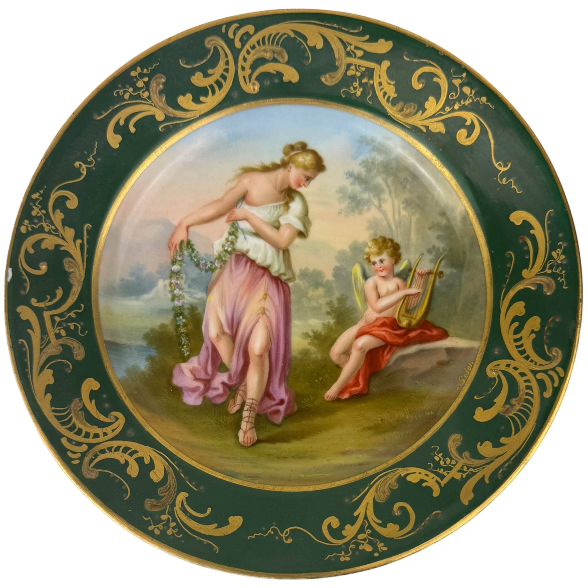Antique Royal Vienna Porcelain Plate Hand Painted Muse with Cupid Beehive Mark
