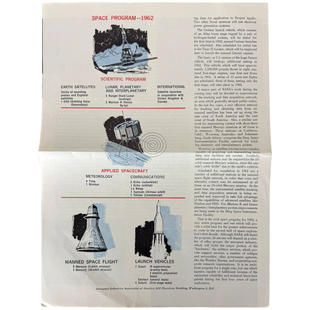An open vintage pamphlet about the space program from 1962, showing printed text, diagrams of rockets and satellites, and sections titled Scientific Program and Applied Spacecraft.