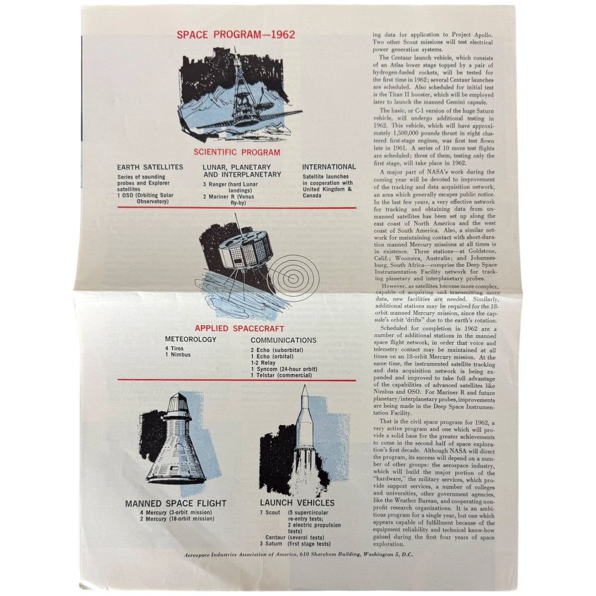An open vintage pamphlet about the space program from 1962, showing printed text, diagrams of rockets and satellites, and sections titled Scientific Program and Applied Spacecraft.