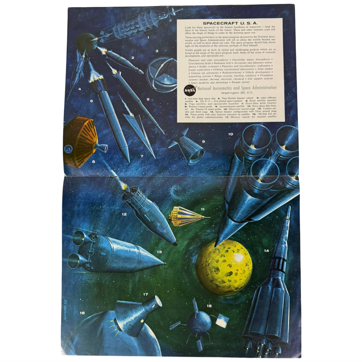 Vintage early 60s NASA educational booklet page titled 'SPACECRAFT U.S.