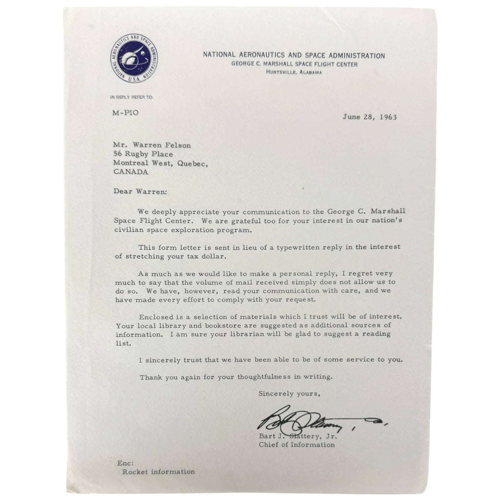 A scanned vintage letter from the National Aeronautics and Space Administration dated June 29, 1963, addressed to Mr. Warren Felson.