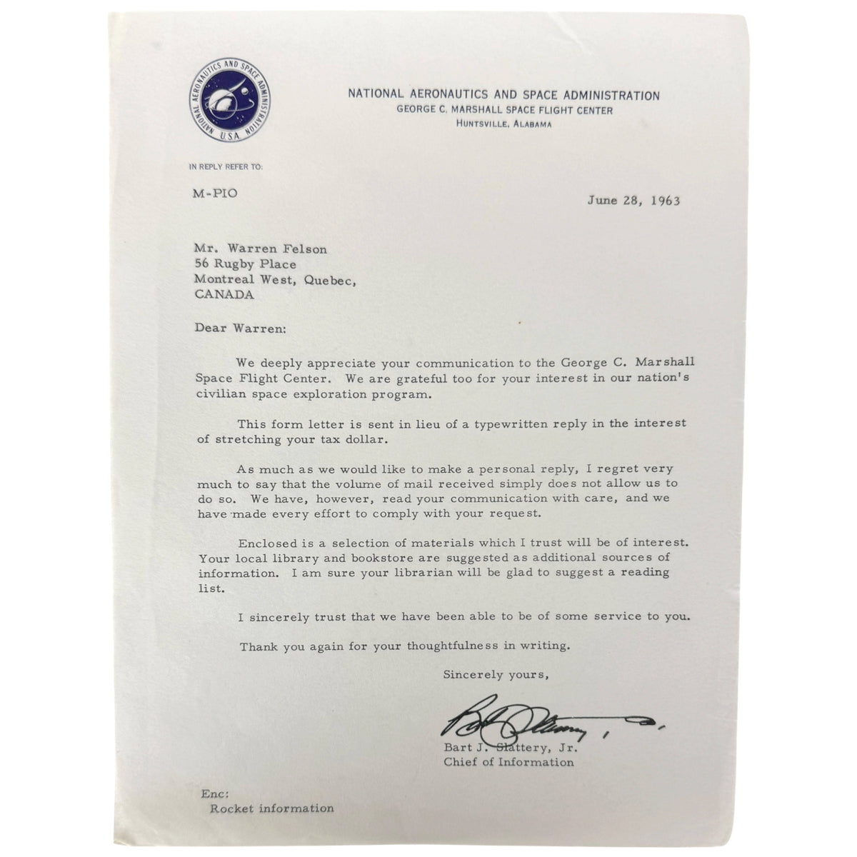A scanned vintage letter from the National Aeronautics and Space Administration dated June 29, 1963, addressed to Mr. Warren Felson.