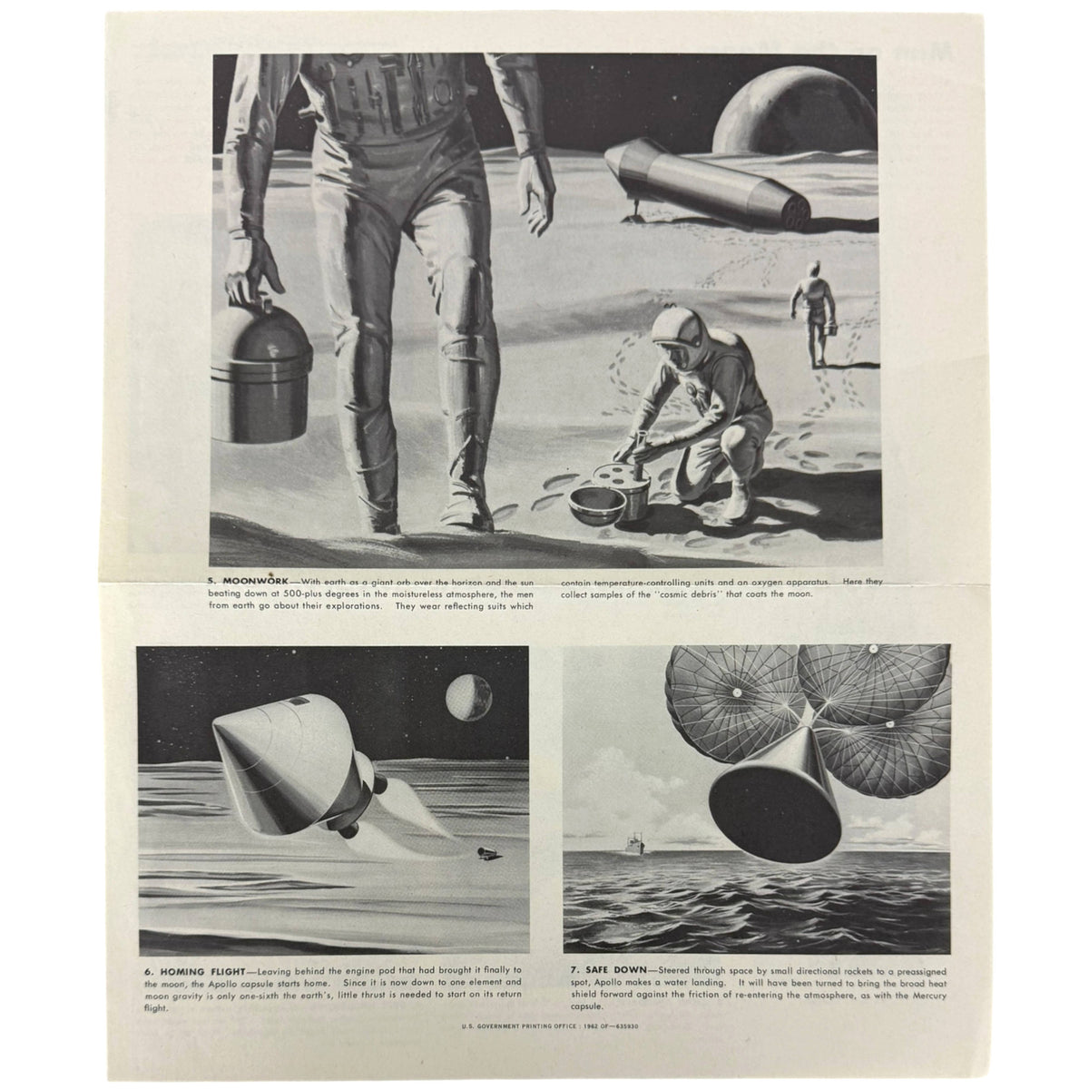 back of an early 60s NY times article reprinted by NASA titled 'Man on the Moon' featuring a large rocket illustration and several black-and-white inset photos showing space-related concepts, including a space shuttle, a capsule, and a spacecraft.