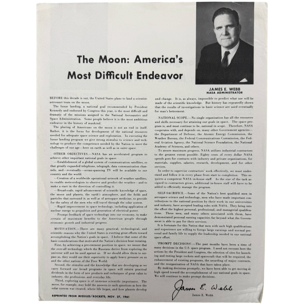 A vintage printed document titled 'The Moon: America's Most Difficult Endeavor' with a black-and-white portrait of James E. Webb at the top right, dense body text, and a signature at the bottom, shown against a white background.