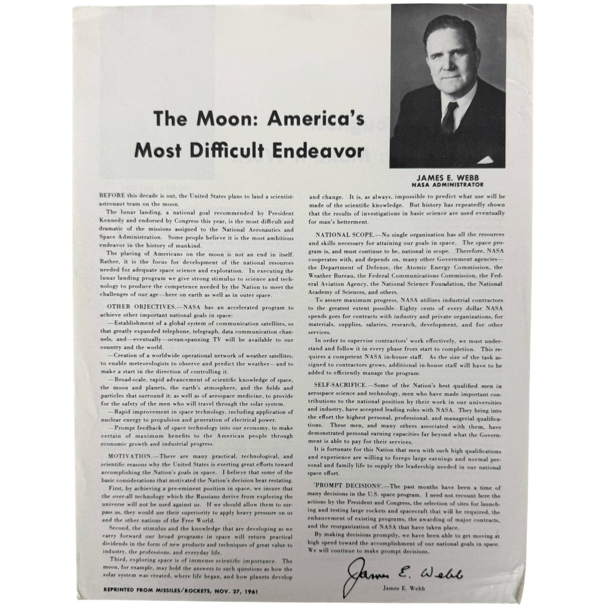 A vintage printed document titled 'The Moon: America's Most Difficult Endeavor' with a black-and-white portrait of James E. Webb at the top right, dense body text, and a signature at the bottom, shown against a white background.