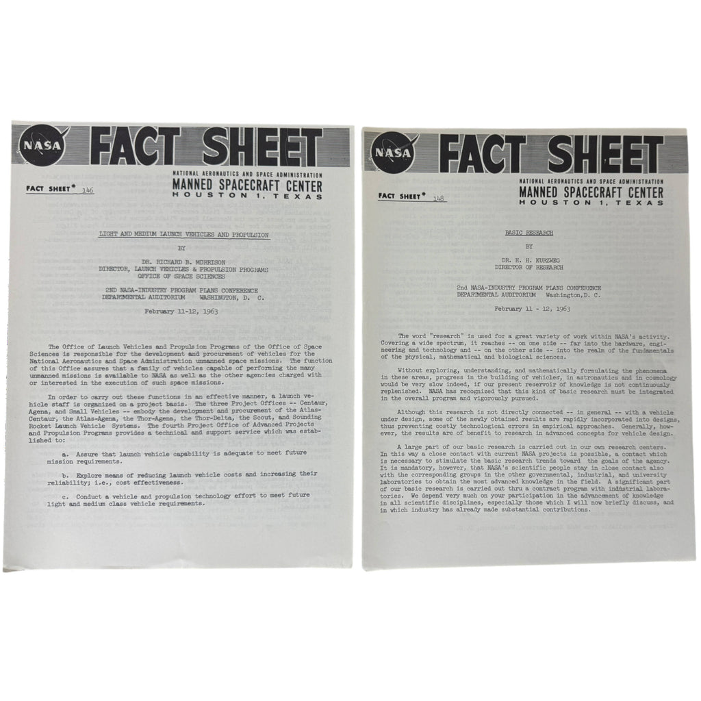 Two vintage NASA fact sheets from 1963 regarding the Manned Spacecraft Center in Houston, Texas, displayed side-by-side on a white background.