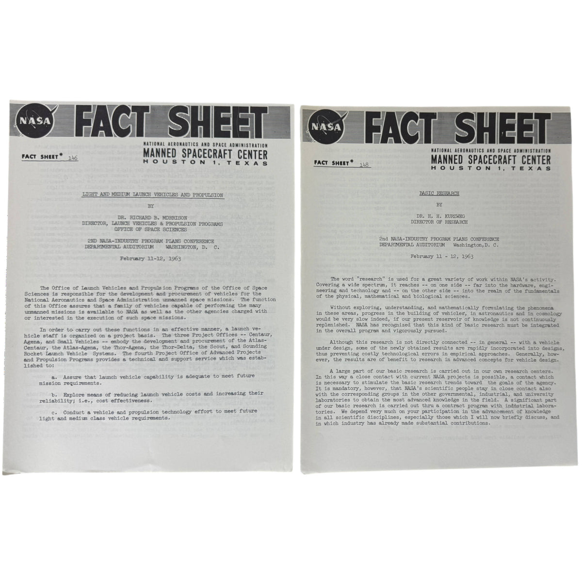 Two vintage NASA fact sheets from 1963 regarding the Manned Spacecraft Center in Houston, Texas, displayed side-by-side on a white background.