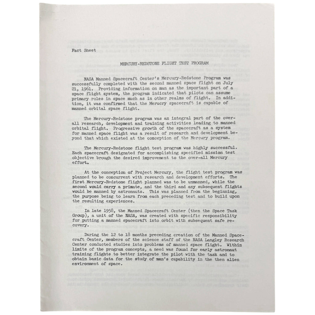 A vintage document page from NASA, detailing the Mercury-Redstone flight test program, printed on aged off-white paper with black text.