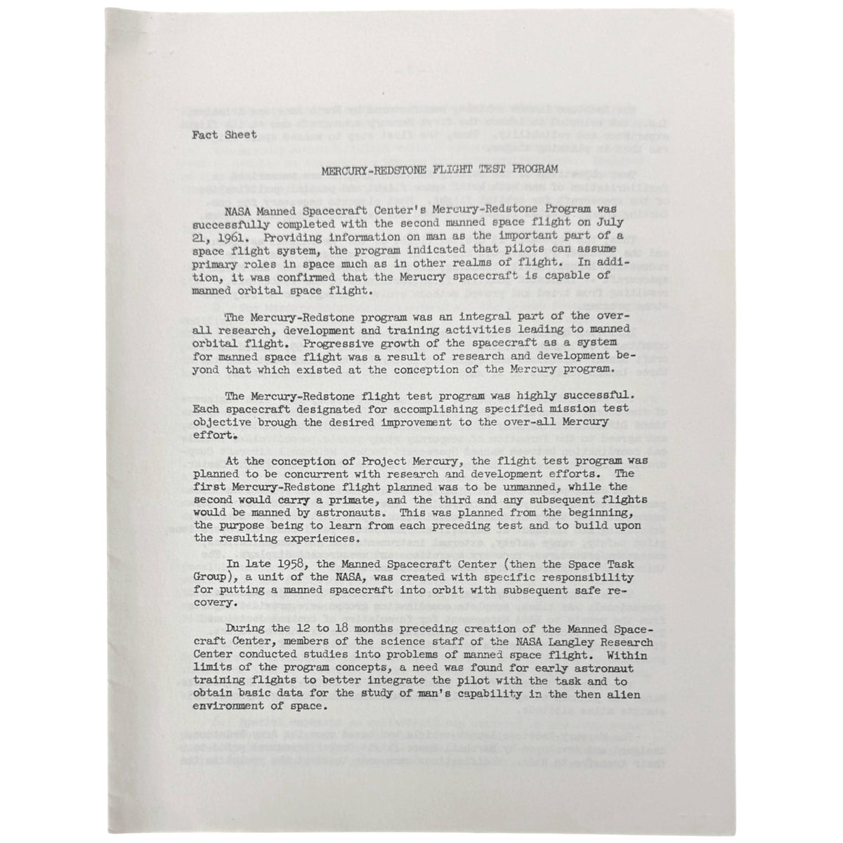 A vintage document page from NASA, detailing the Mercury-Redstone flight test program, printed on aged off-white paper with black text.