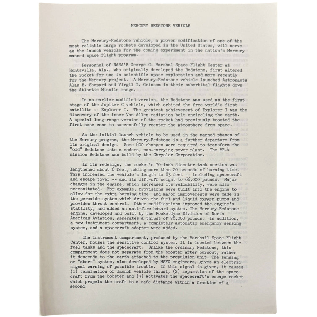 A  page from NASA titled 'Mercury's Rocket Vehicle'  