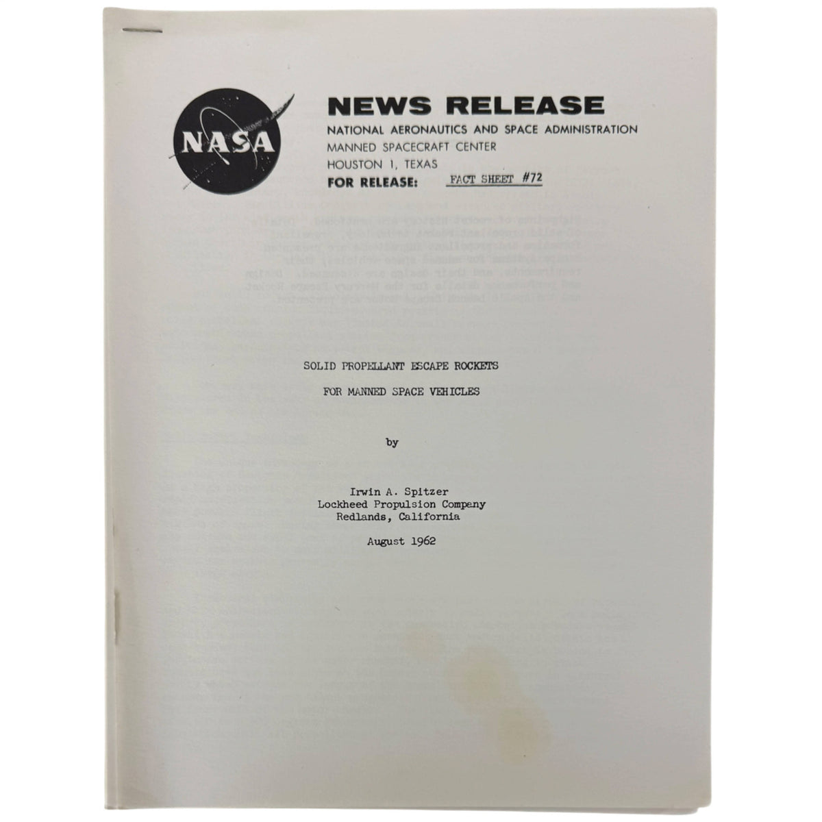 A vintage NASA press release document dated August 1962, featuring the black NASA logo and text about Solid Propellant Escape Rockets for Manned Space Vehicles