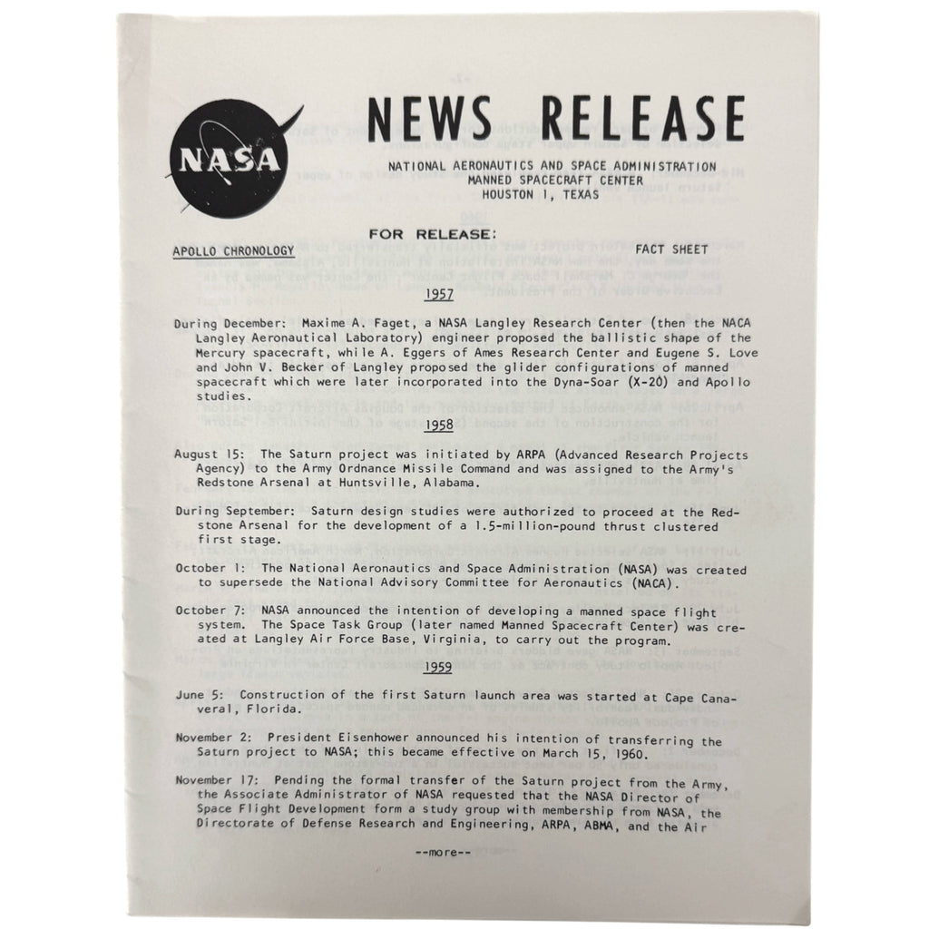 A vintage 24 page NASA press release document, showing the NASA logo and text about the Apollo program chronology from 1957 through to June 1962