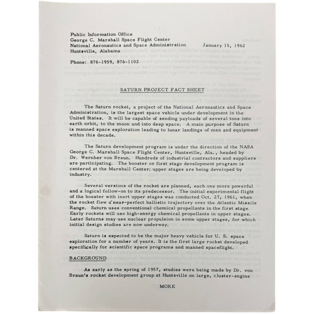 A printed page from the Public Information Office of George C. Marshall Space Flight Center dated January 15, 1962, titled 'Saturn Project Fact Sheet,'